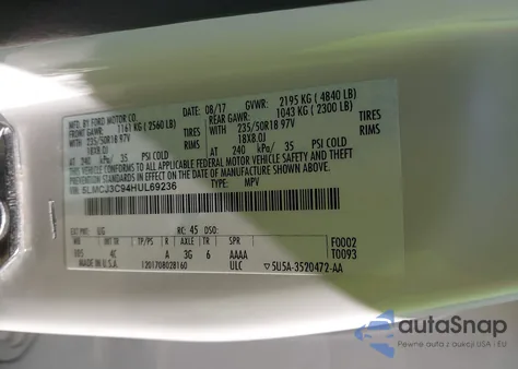 2017 Lincoln Mkc Reserve z USA, uszkodzony, nr VIN 5LMCJ3C94HUL69236